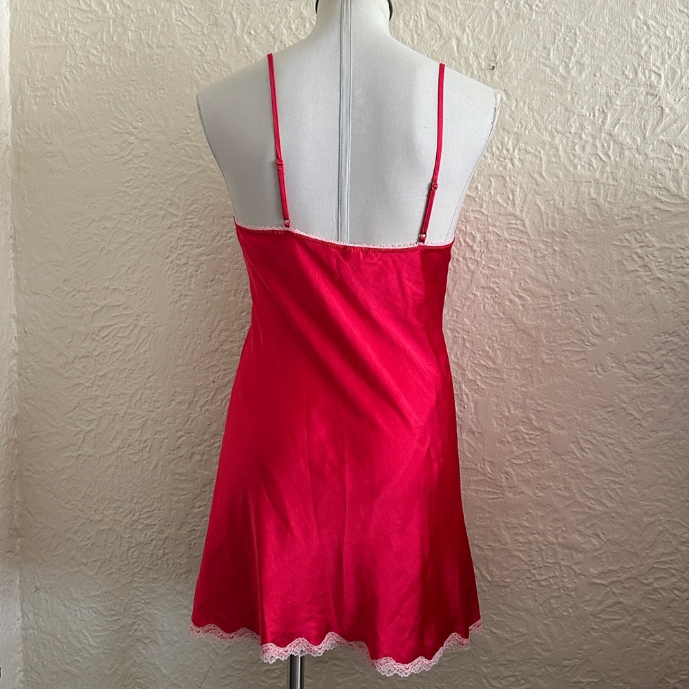 Victoria’s Secret Red Satin Lace Trim Pink Crystal Accents Slip Medium - Picture 7 of 9